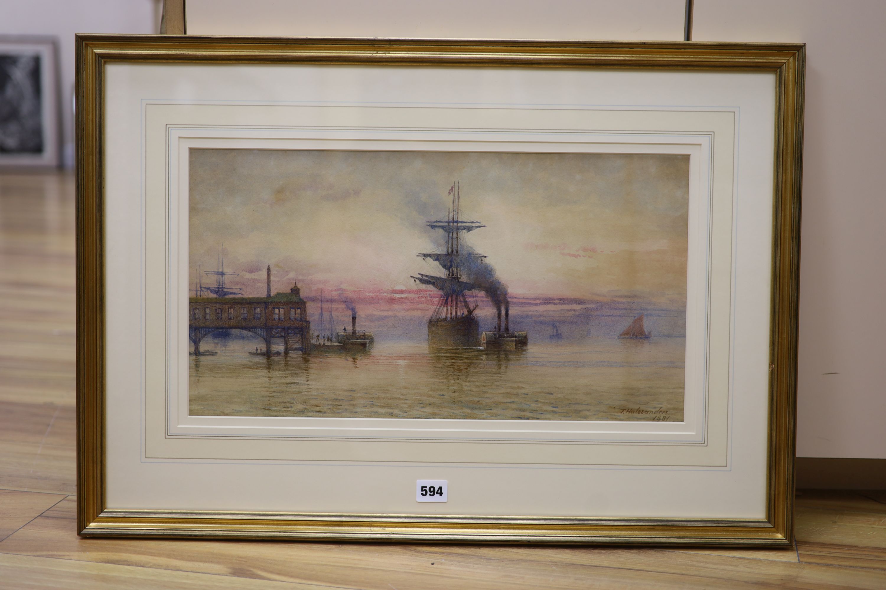 Thomas Hale Sanders (fl.1880-1906), watercolour, ships along the coast, signed and dated 1881, 27 x 50cm